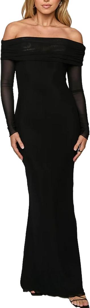 BORIFLORS Women's Elegant Off The Shoulder Bodycon Long Sleeve Maxi Dress Mesh Cocktail Party Wedding Guest Formal Dresses, X-Small, Black