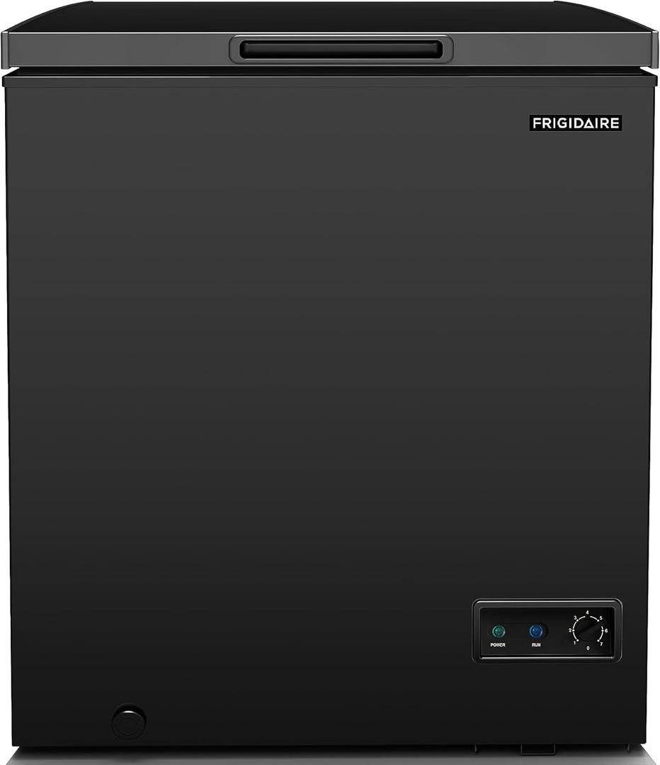 FRIGIDAIRE EFRF5003-BLACK Chest Deep Freezer-Garage-Ready, 5.0 Cu. Ft. Capacity, Black-Adjustable Thermostat-Removable Vinyl Coated Wire Basket-Easy Defrost Drain