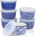 Selamica Ramekins with Lids, 8 oz Oven Safe Creme Brulee Ramekins with Covers, Souffle Dishes Pudding Custard Cups, Stackable Ceramic Small Ramekin Bowls Set for Baking, Dipping, Ice Cream, Set of 6, Vintage Blue