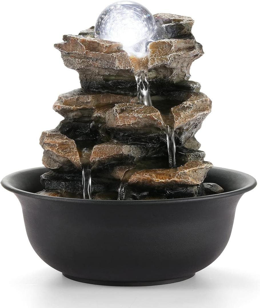 WICHEMI Tabletop Fountain Warer Fountains Indoor Waterfall Fountain Indoor Relaxing Water Feature Meditation Fountains with LED Light for Home Office Bedroom Decor (Style 5)