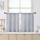 Chyhomenyc Stripe Curtains 30 Inch Length - Light Filtering Faux Linen Small Half Window Curtains Over Sink, Modern Farmhouse Curtain Tiers for Bathroom Basement, 30Wx30L, 2 Pieces, Dark Blue