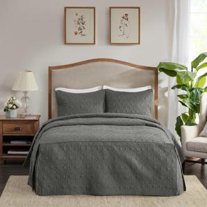 Madison Park Quebec Split Corner Quilted Bedspread Classic Traditional Design All Season, Lightweight, Bedding Set, Matching Shams, Queen (60" x 80" + 24"D), Damask Quilted Dark Grey 3 Piece