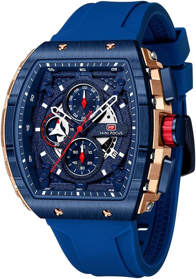 Mini Focus Men's Watch Fashion Sport Wrist Watches (Chronograph/Waterproof/Luminous/Calendar) Silicon Strap Quartz Watch for Men (Blue_Golden)