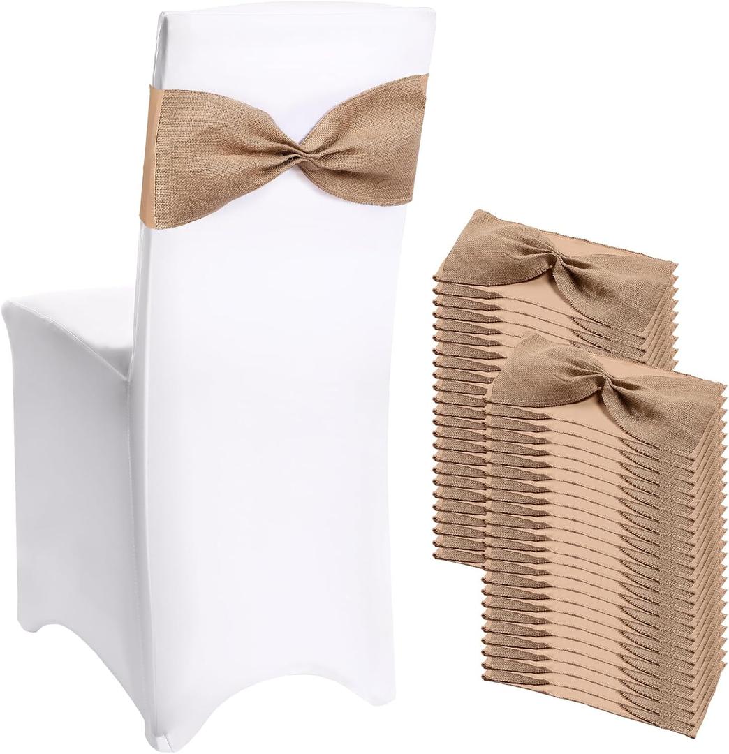 Newwiee 48 Pcs Christmas Burlap Stretch Chair Sashes Linen Spandex Chair Bands Ties Dining for Wedding Dining Banquet Event Party Favor Ceremony Decoration (Pure Brown)