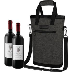 opux Two Bottle Wine Bag Carrier Tote, Insulated Leakproof 2 Bottle Wine Cooler Bag for Travel BYOB Picnic, Portable Wine Case, Gift for Men Women Wine Lover Birthday Party Christmas, Charcoal Gray