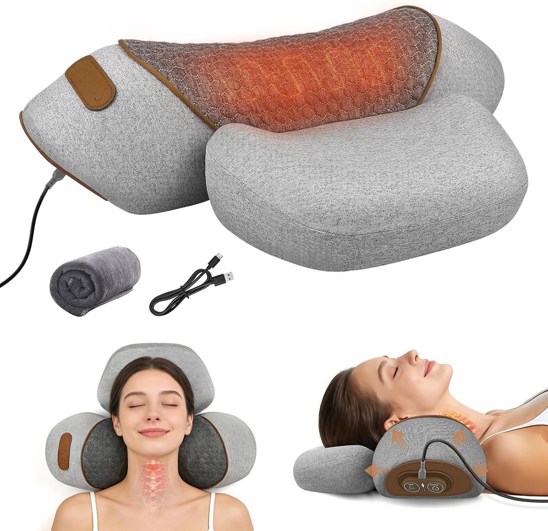 3-in-1 Neck Massager Pillow with Heat & Gentle Traction, Ergonomic Massage Support for Neck Hump Comfort, Daily Relaxation Design for Women and Men, Plug-in Use
