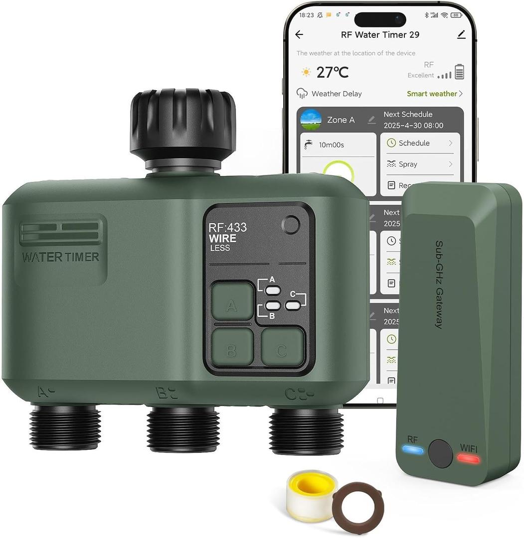 Smart Sprinkler Timer 3 Zone for Garden Hose, WiFi Water Timer with 984ft RF Range, Smart Lawn Watering System Irrigation Controller, APP/Voice Control, Rain Delay, Automatic/Manual Irrigation, 3 Outlet
