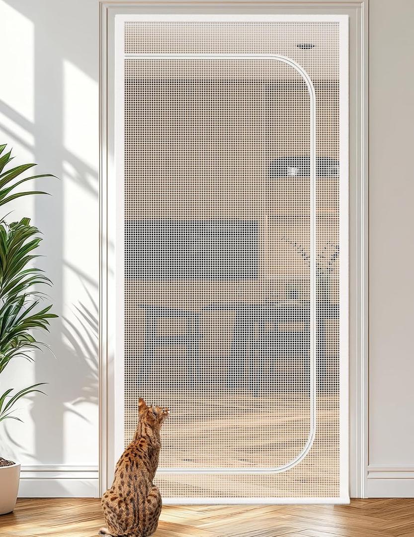 BFNN Cat Screen Door, Extra Tall Cat-Proof Mesh Gate, Fit Door Size 32'' x 80'', Anti-Cat Scratch Mesh with Zipper Closure, for Living Room, Kitchen, Bedroom (White)