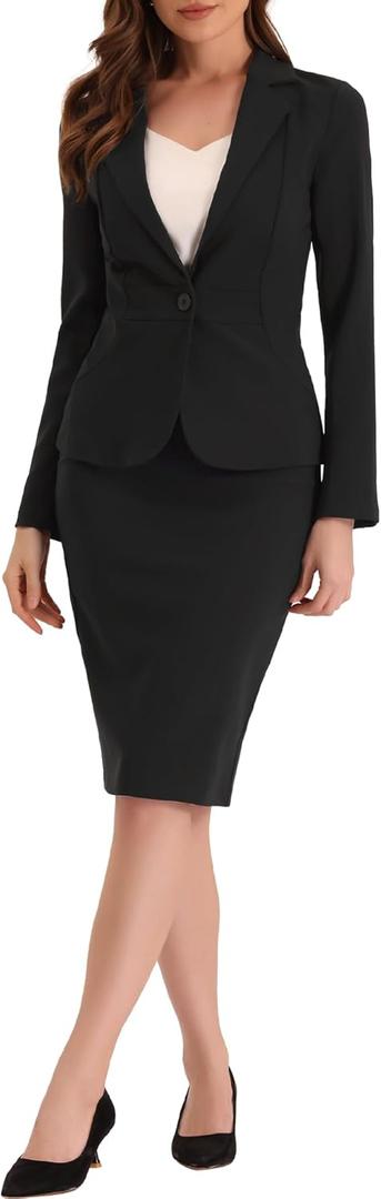 Allegra K Women's 2 Piece Suit Skirt Set Business Casual Outfits Long Sleeve Blazer and Pencil Skirt (Large)