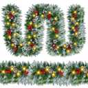 Christmas Garland with Lights - 9FT Pre-Lit Flocked Garland with 30 LED Bulbs, Red Berries, Pine Cones, Artificial Pine Battery Operated Garland for Fireplace, Staircase, Indoor & Outdoor Decoration