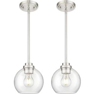 Pendant Lights Kitchen Island 2 Pack, 7" Modern Brushed Nickel Hanging Lights Fixtures with Clear Glass Globe Shade, Kitchen Island Lighting for Bathroom, AD-22280-1P2-SN-C