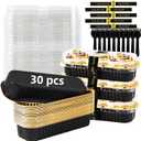 Mini Loaf Pans with Lids and Spoons Sealing Sticker,30 Pcs 6.8oz Cake Pans for Baking Disposable Aluminum Foil Red cake pan (30 PCS Black Gold)