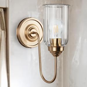 Antique Gooseneck Brass Sconce with Clear Fluted Glass, Gold Wall Mounted Lamp Beside Mirror, Wet-Rated Wall Light for Bathroom, Stairs, Kitchen, Hallway, Fireplace (E26 Base)