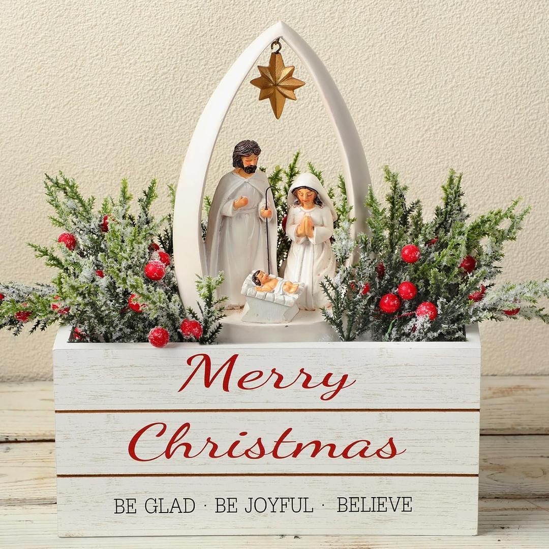 Weysat Christmas Nativity Set Christmas Nativity Scene Centerpiece Indoor Decor with Wooden Basket Artificial Red Berry Picks Religious Mantle Shelf Decor Tabletop Jesus Figurine