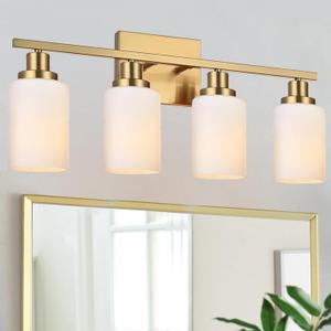 MELUCEE 4 Lights Bathroom Lighting Fixtures Over Mirror, Modern Brass Vanity Lighting Fixtures Bathroom Wall Lights with Milky White Glass Shade for Bathroom Hallway Bedroom, E26 Sockets