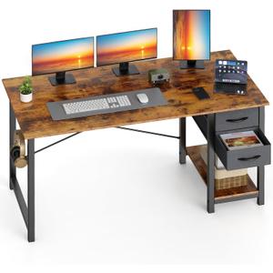 Sweetcrispy 47 Inch Computer Desk with Drawers for Home Office, Writing Desk with X-Shaped Reinforcement, Wood Table with Adjustable Position Drawers, Modern Study Work Table with Side Hook, Rust