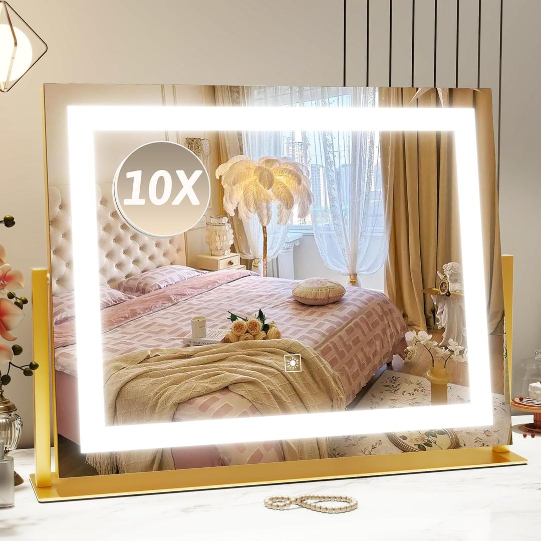 ROLOVE Vanity Mirror with Lights 22"x18", Lighted Makeup Mirror with 10X Magnification, Smart Touch 3 Colors Dimmable, 360 Rotation, Women Gift, Dresser Mount, Bathroom (Gold)