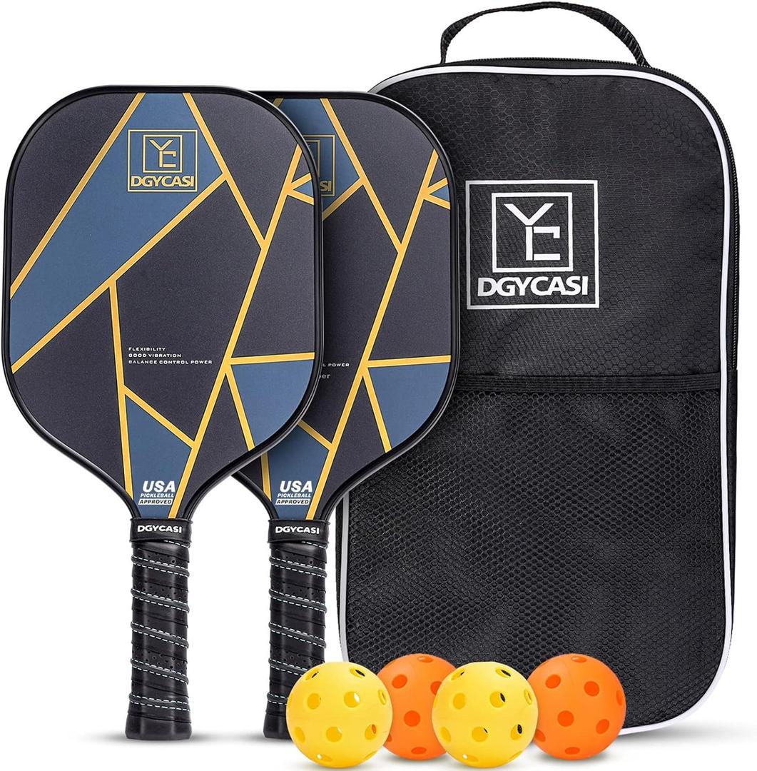 YC DGYCASI Pickleball Paddles Set of 2, USAPA Approved Carbon Fiber Surface Pickleball Set, Lightweight Pickle Ball Rackets 2 Pack, 2 Outdoor Pickleball, 2 Indoor Pickleball, 1 Pickleball Bag (Golden)