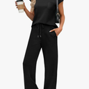 WIHOLL 2 Piece Sets for Women Casual Summer Travel Vacation Outfits Cap Sleeve Lounge Set M