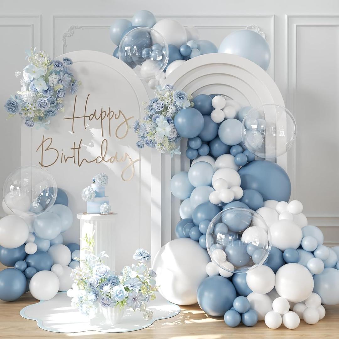 Dusty Blue Balloon Arch Kit 132Pcs Dusty Blue and White Balloon Arch Garland Kit Include Dusty Blue White Pastel Blue Clear Balloons for Birthday Wedding Baby Shower Bridal Party Decorations