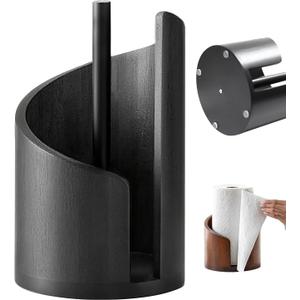 Wooden Paper Towel Holder Countertop with Mango Wood Round Base(Non-Slip Rubber Dots), Effortless Tearing, Modern Countertop Wood Paper Towel Holders for Living Room, Kitchen (Black)