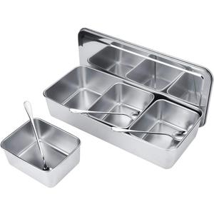 OUKENS Seasoning Container, 3Grid Stainless Steel Seasoning Rack Spice Pots Storage Container Condiment Jars Cruet with Cover and Spoon for Spice Salt Sugar