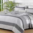 WONGS BEDDING Grey Quilt Queen Size, Bohemian Stripe Quilt Sets 3 Pieces Gray Boho Quilted Bedspread Set Lightweight Microfiber Coverlet Bedding Set All Season (96"x90")