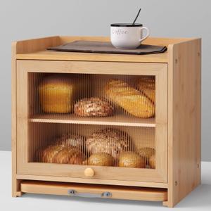 Bamboo Bread Box for Kitchen Countertop, Double Layer Kitchen Counter Organizers and Storage for Fruits, Tea, Spices, Coffee, Vintage Bread Bin Container with Cutting Board, Natural