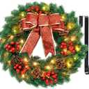 Christmas Wreaths for Front Door with Lights & Timer - 17" 40 LED Pre-Lit Lighted Christmas Wreath Decorations with Metal Hanger, Real Touch Pine Pinecone Xmas Wreath for Windows Indoor Outdoor Wall