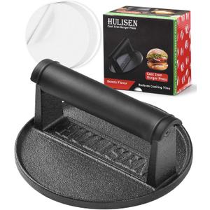 HULISEN Pre-Seasoned Cast Iron Burger Press Includes 100 Pcs Patty Paper, 2.3lb Heavy Duty 6 Burger Smasher for Griddle with Heat Resistant Handle, Grill Press for Hamburger, Bacon, Meat
