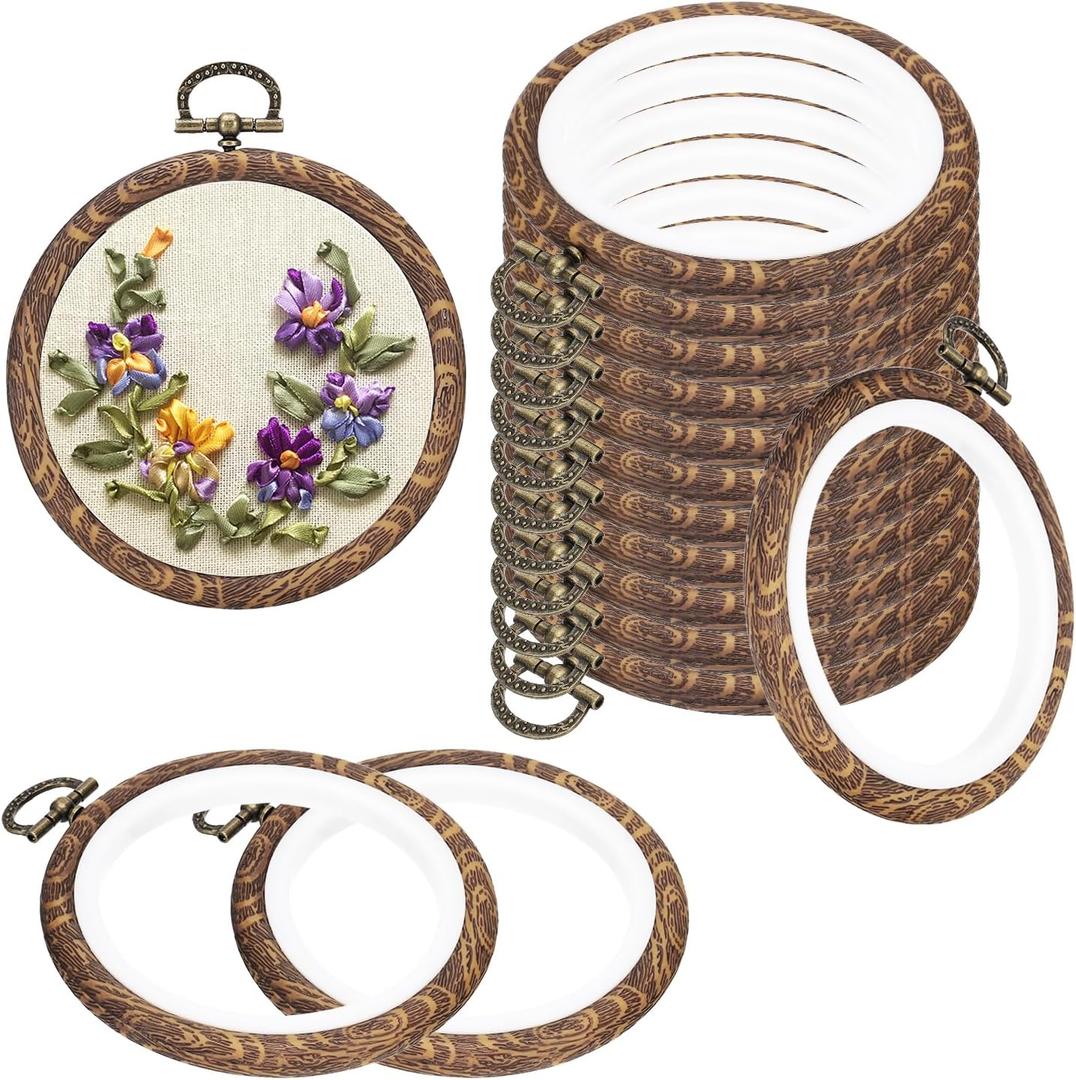 PATIKIL 3inch Embroidery Hoops, 15Pieces Imitated Wood Circle Frame Cross Stitch Hoop Ring for Embroidery Art Craft Sewing Ornaments Hanging Decoration