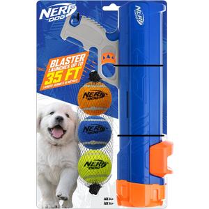 Nerf Dog 12in Blaster w/o Ball Clip 3 2in Squeak Tennis Balls - Opaque Blue/Orange/Gray and Orange and Blue and Green, Small