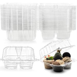 Coloch 50 Pack Clear Cupcake Box, 4 Cavity Plastic Cupcake Holder with Deep Dome Disposable 4-Compartment Dessert Container Bakery Carrying Box for Bakery, Cupcake