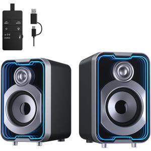 SOULION 2.0 Computer Speakers, 10W USB-Powered Bluetooth Wired PC Speakers with Easy-Control Pod for Desktop, Tiny Desk Soundbar with 5 Mirror-Like LED Light Modes for Monitor Laptop - Black