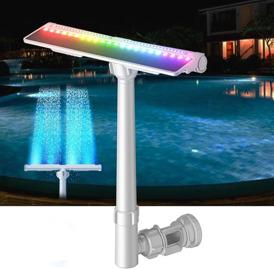 Pool Fountain with 10-Color Lights,Solar Pool Fountain and Auto Light Sensing 360 Adjustable Dual Spray High Pool Sprinkler for Above and In-ground Pools