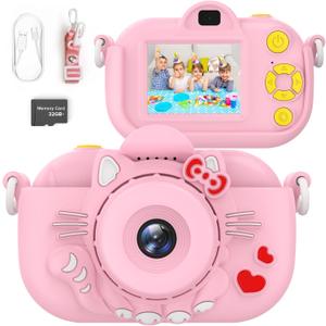 ENGUNS Kids Camera for Girls Age 3-12, 32MP HD Digital Camera for Kids, Dual Lens Toddler Camera, Video Camera for Toddlers, Girls Birthday Gifts Toys (Pink)