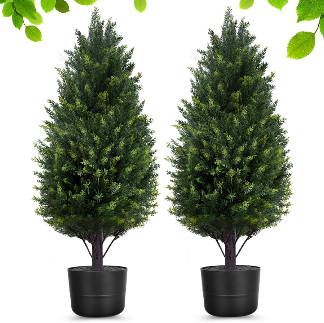 2.3FT Artificial Cedar Trees for Outdoors Planters,Set of 2 Potted Topiary Trees Faux Cypress Tree Outdoor Indoor Fake Pine Tree Artificial Bushes with Pot for Front Porch Garden Spring Decor