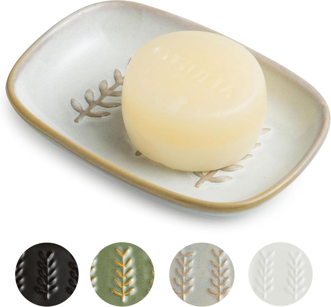 Soap Dish Bar Cleaner Dish for Shower, Ceramic Soap Dishes for Large Soap Bar Shampoo or Sponge, Shower Soap Dish Soap Saver Tray for Bathroom Kitchen Sink, Easy to Clean (Leaf Design, Beige)