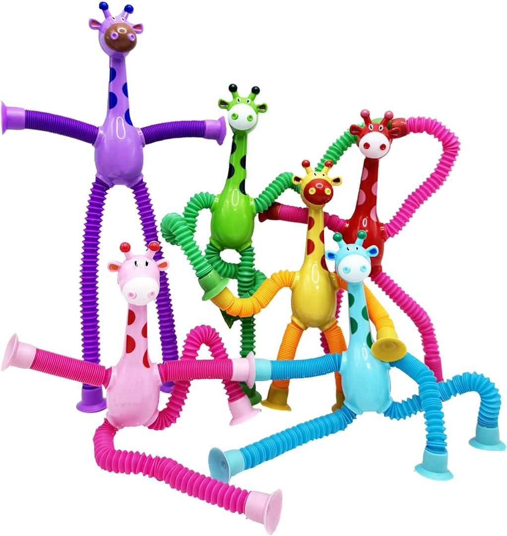 Telescopic Suction Cup Toy, Pop Tube Sensory Fidget Toys for Autism, Airplane Travel Essentials, Educational Fidget Toys, Great Idea for Boys and Girls (6PC Giraffe)