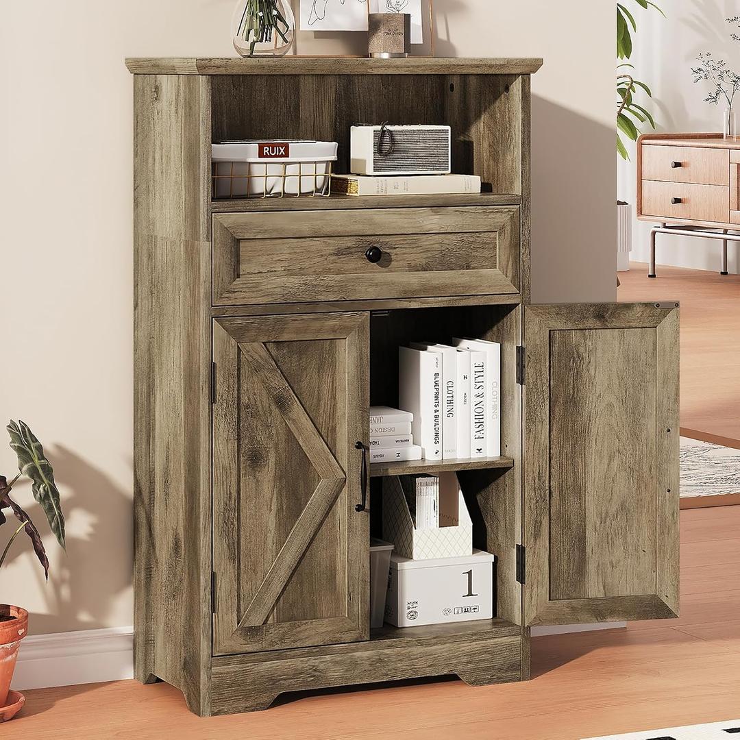 Floor Cabinet, Farmhouse Storage Cabinet with Barn Doors and Drawer, Freestanding Adjustable Shelf Organizer for Bathroom, Kitchen, Living Room Grey