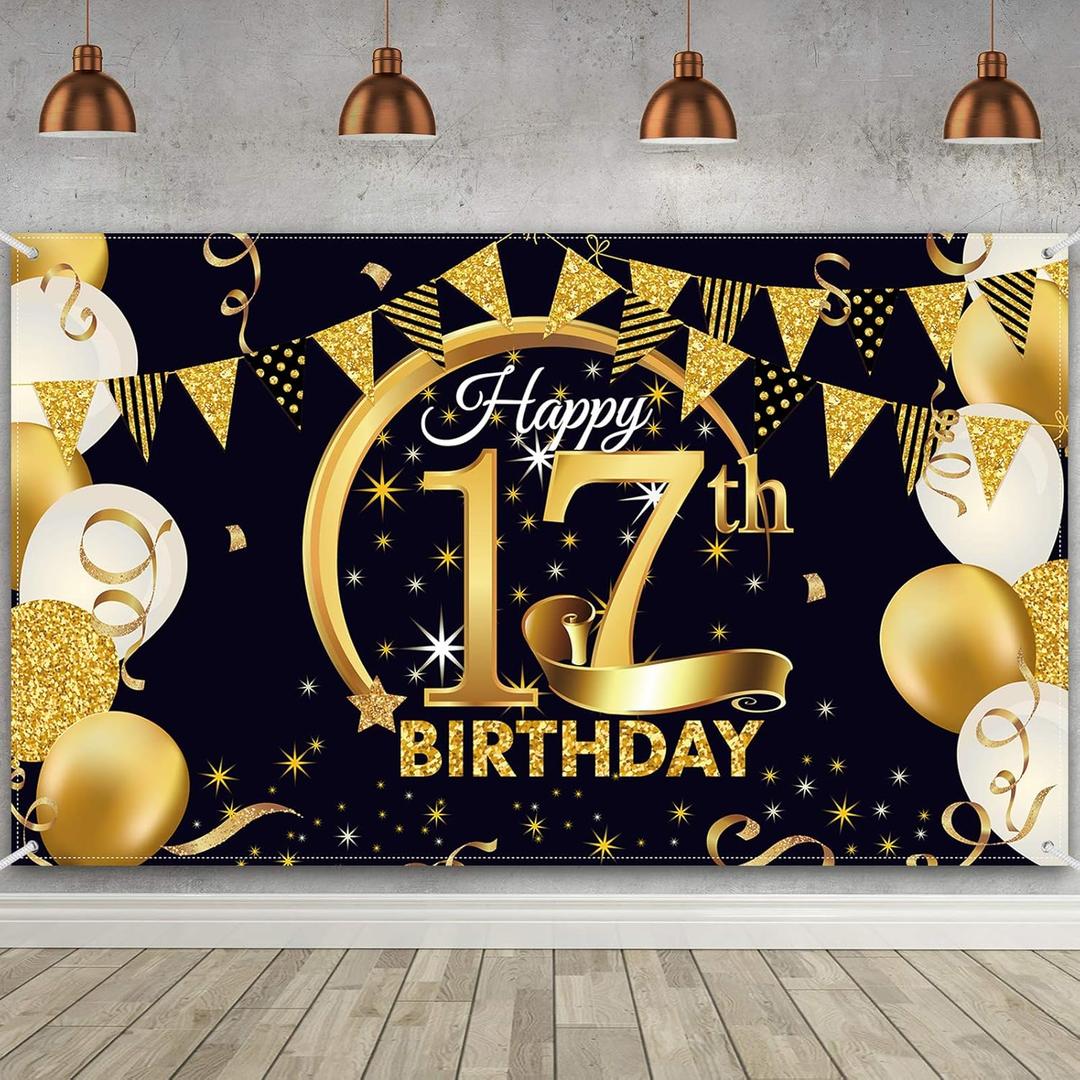 17th Birthday Party Decoration, Extra Large Fabric Black Gold Sign Poster for 17th Anniversary Photo Booth Backdrop Background Banner,72.8 x 43.3 Inch