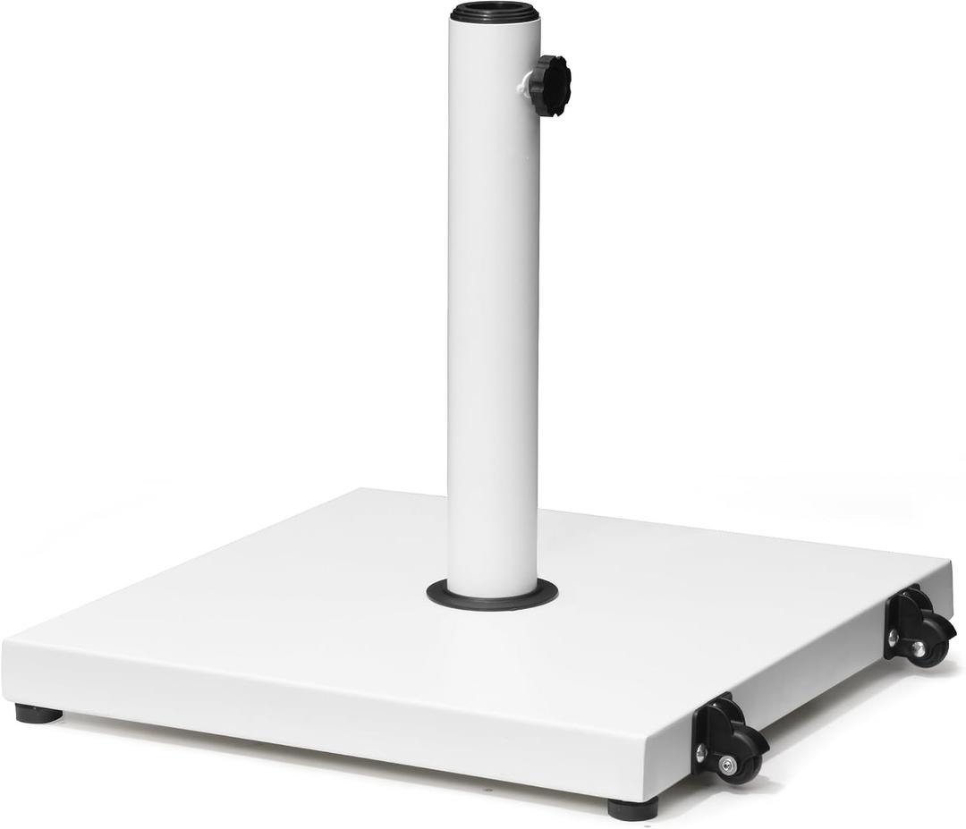 VredHom Patio Umbrella Base with Wheels, 43lbs White Outdoor Umbrella Stand | With 2 Wheels, Square Heavy Duty Base, Suitable for 6-12FT Market & Fringe Umbrella, for Deck, Lawn, Pool