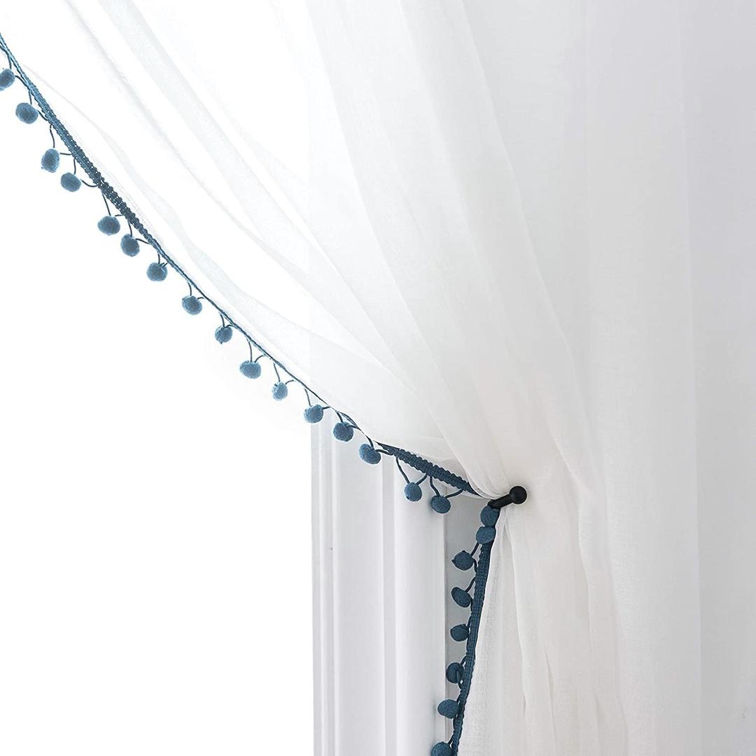 MISS SELECTEX Linen Look Pom Pom Tasseled Sheer Curtains - Rod Pocket Voile Semi-Sheer Curtains for Living and Bedroom, Set of 2 Curtain Panels (52 x 63 inch, White Sheer & Dusty Blue Pom Poms)