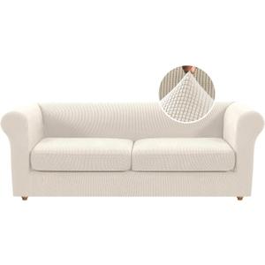 H.VERSAILTEX 3 Pieces Stretch Chesterfield Couch Cover 2 Cushion Sofa Mid Century Deep Seat Slip Covers for Sofas/Couches with Elastic Bottom Thicker Jacquard Fabric(Medium-XL Sofa, Ivory)