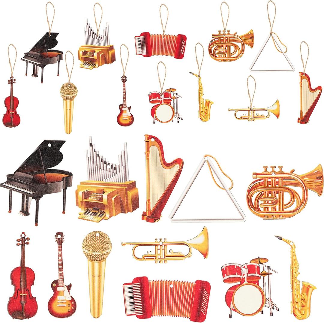 WATINC 37pcs Musical Instrument Christmas Wooden Ornaments Set Classic Saxophone Guitar Vintage Piano Cello Drum Triangle Sign Gift Tags for Music Party Supplies Holiday Xmas Tree Garden Decorations