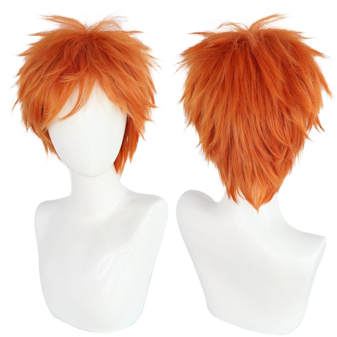 ANOGOL Hair Cap + Short Orange Wig Men Women Ginger Male Wig Cosplay Anime Short Ginger Hair Orange Synthetic Wigs for Halloween Leprechaun Costume St. Patrick's Day Party Parade