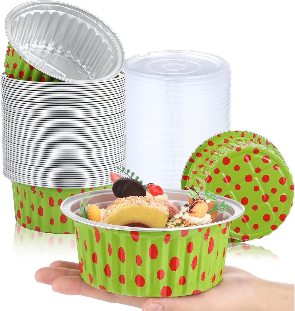 Ziliny 50 Pcs 1lb Christmas Bread Loaf Pans with Lids Green and Red Aluminum Loaf Pans Xmas 580ml Mini Round Disposable Baking Cupcake Tin Christmas Containers for Food Packing Gifts
