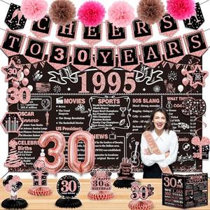 30th Birthday Decorations for Women ,24PCS 1995 Banner Decorations,Including Banner,6 Honeycomb Topper,30 Balloons,Anniversary Card,Cheers to 30 Years Banner,7 Hanging Swirl,6 Paper Poms,Sash