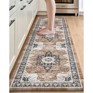 DEXI Kitchen Floor Mats Cushioned Anti Fatigue, 23x86 Long Wide Standing Comfort Runner Rug, Waterproof Retro Floral Memory Foam Padded for Front Sink Laundry, Brown/White