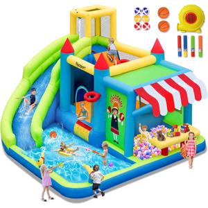 FBSPORT Inflatable Bounce House Water Slide, Bounce House for Kids with Toy Market Stand Splash Pool Bouncer Climbing Wall Water Gun Ball Dart, Bouncy Castle W/620W Blower for Outdoor Indoor, Green